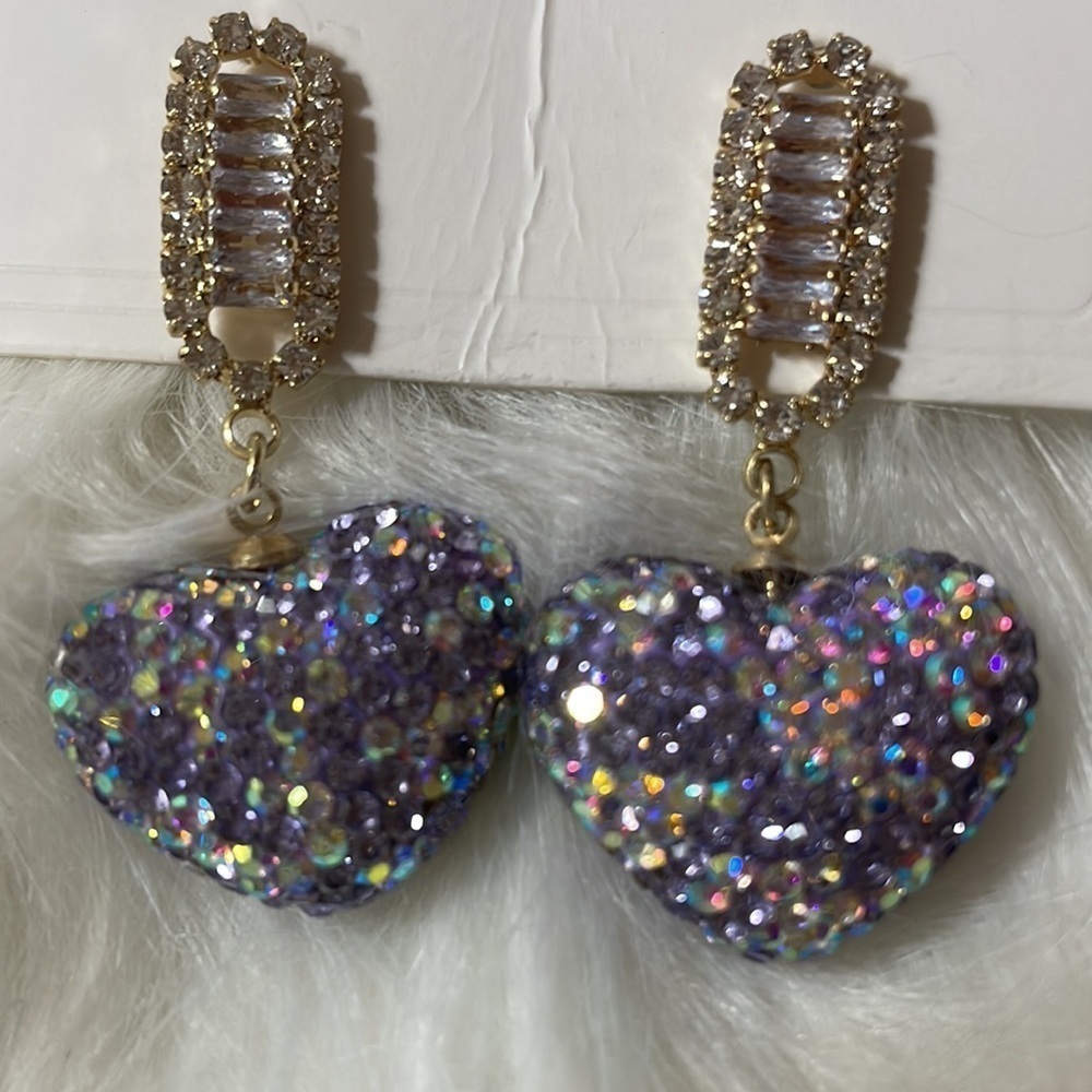 Purple Heart Rhinestone Drop Earrings - Picture 8 of 12
